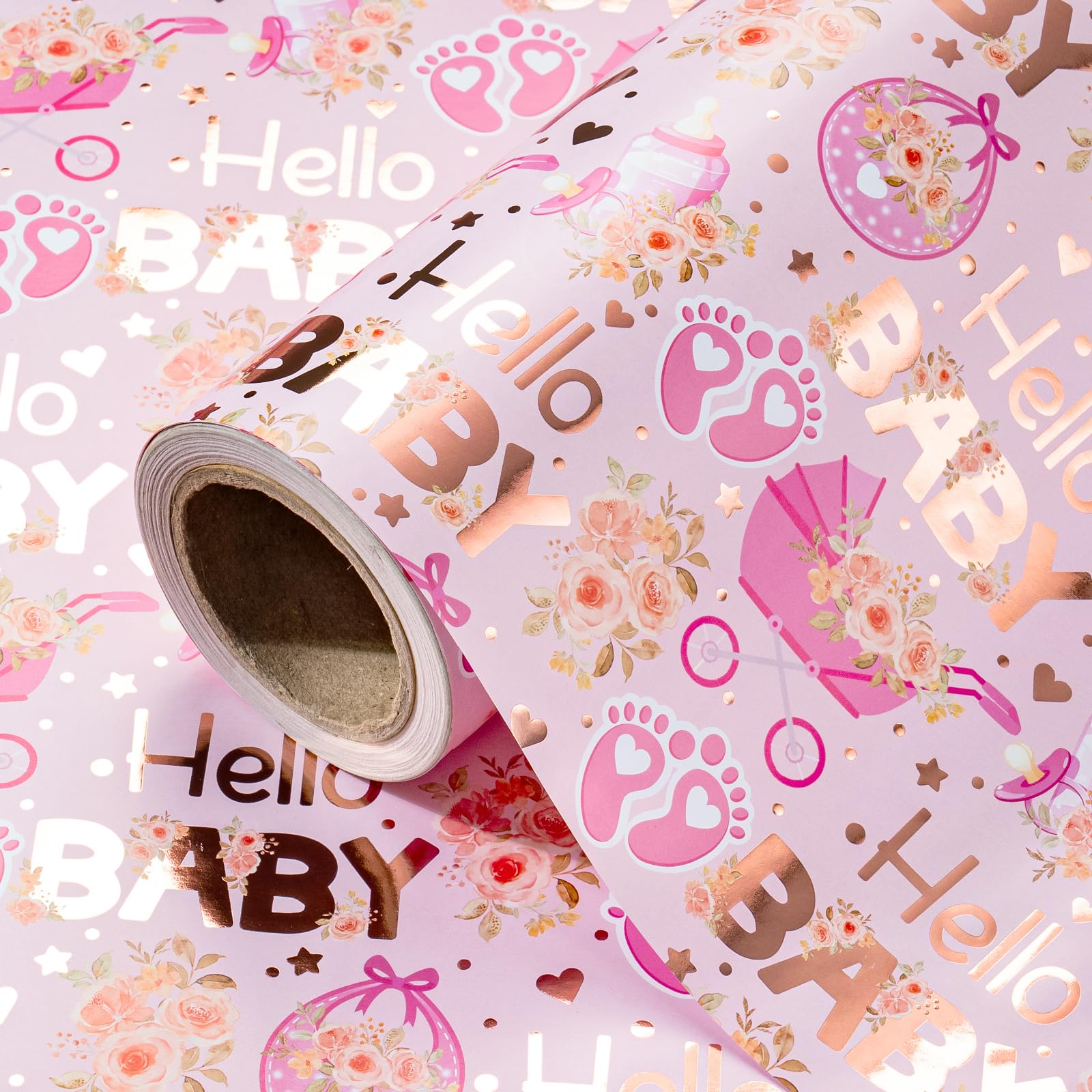 RUSPEPA Baby Shower Wrapping Paper Roll - Mini Roll - 43.2cm x 5m - Rose Gold Foil Floral Baby Girl Wrapping Paper, Perfect for Kids Girls Birthday, Newborn Gift Wrap