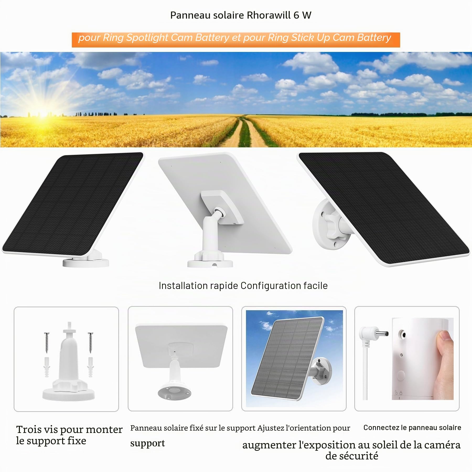Panneau Solaire 6W pour Caméras Ring avec Câble de 3m (Lot de 2)