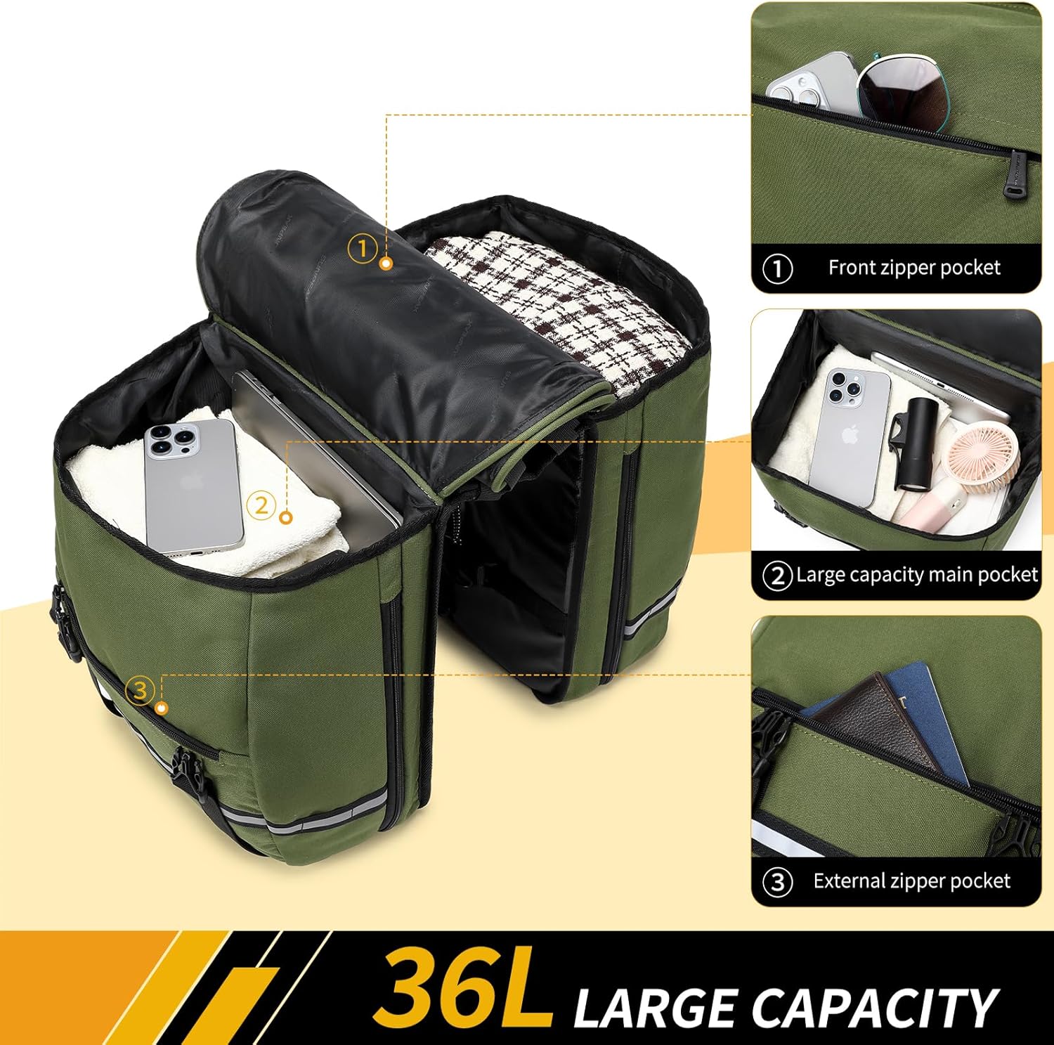 Sunpeak Bike Bag Accessories Panniers for Bicycle Rear Rack Bag 36L Waterproof Mountain Electric Bike Saddle Bag for Cycling Traveling Commuting Green
