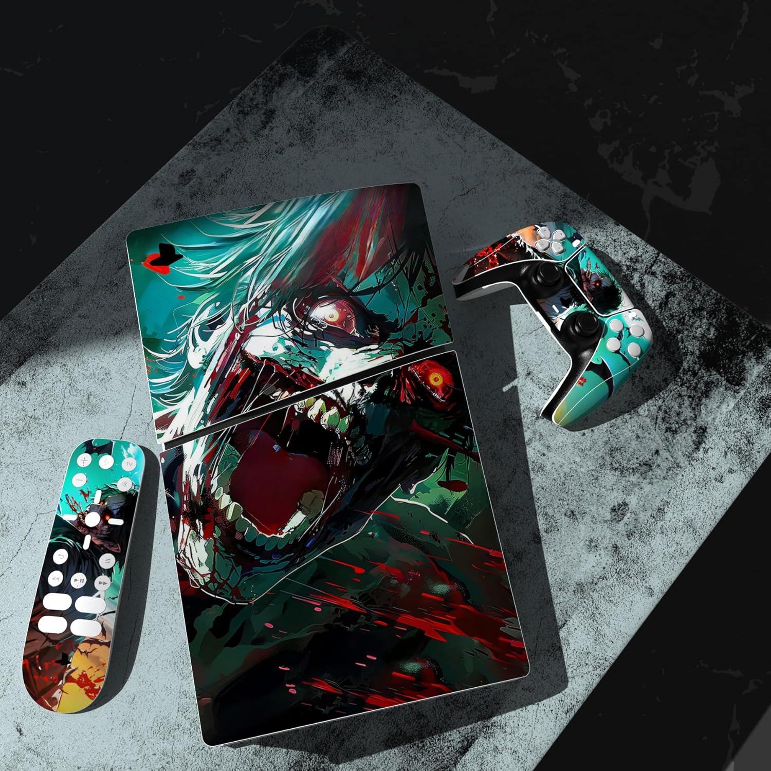 PlayVital Full Set Skin Sticker for ps5 Slim Console Digital Edition (The New Smaller Design), Vinyl Skin Decal Cover for ps5 Controller & Headset & Charging Station & Media Remote - Raging Zombie