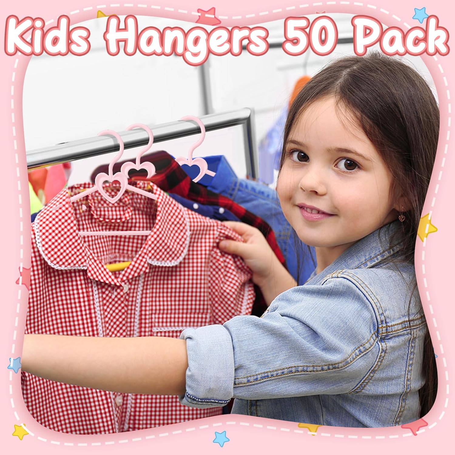 Pink Heart Baby Hangers 50 Pack Plastic Baby Clothes Hangers with Clips Non-Slip Laundry Kids Infant Hanger for Newborn Toddler Clothes, Stackable Space Saving - Image 5