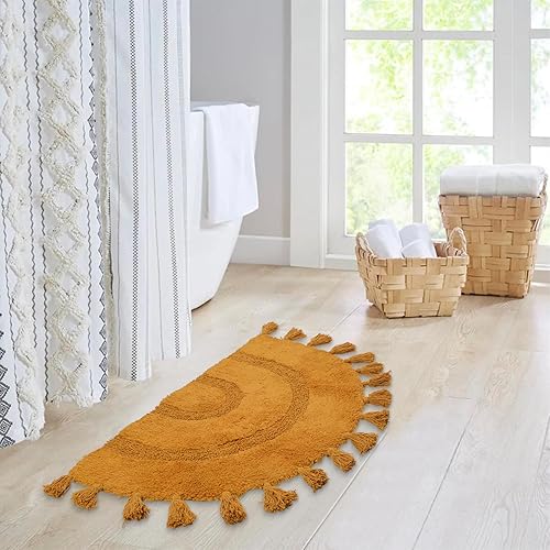 Miniatura 5 de Alfombra de baño bohemia de medio círculo con borlas, 100 % algodón, tejida a mano, antideslizante, absorbente, con almohadilla para alfombra,