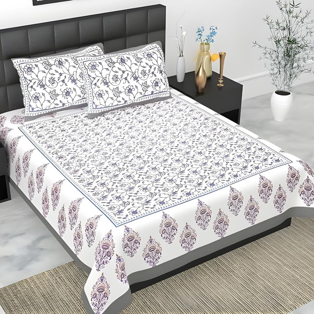 Jaipur Weaves Jaipuri Double Bed Cotton Bedsheet Queen Size 90x85, 144 TC 100% Pure Cotton Bed Sheet with 2 Pillow Covers, Royal Gadd Traditional Print (Gadd Grey)-image-0