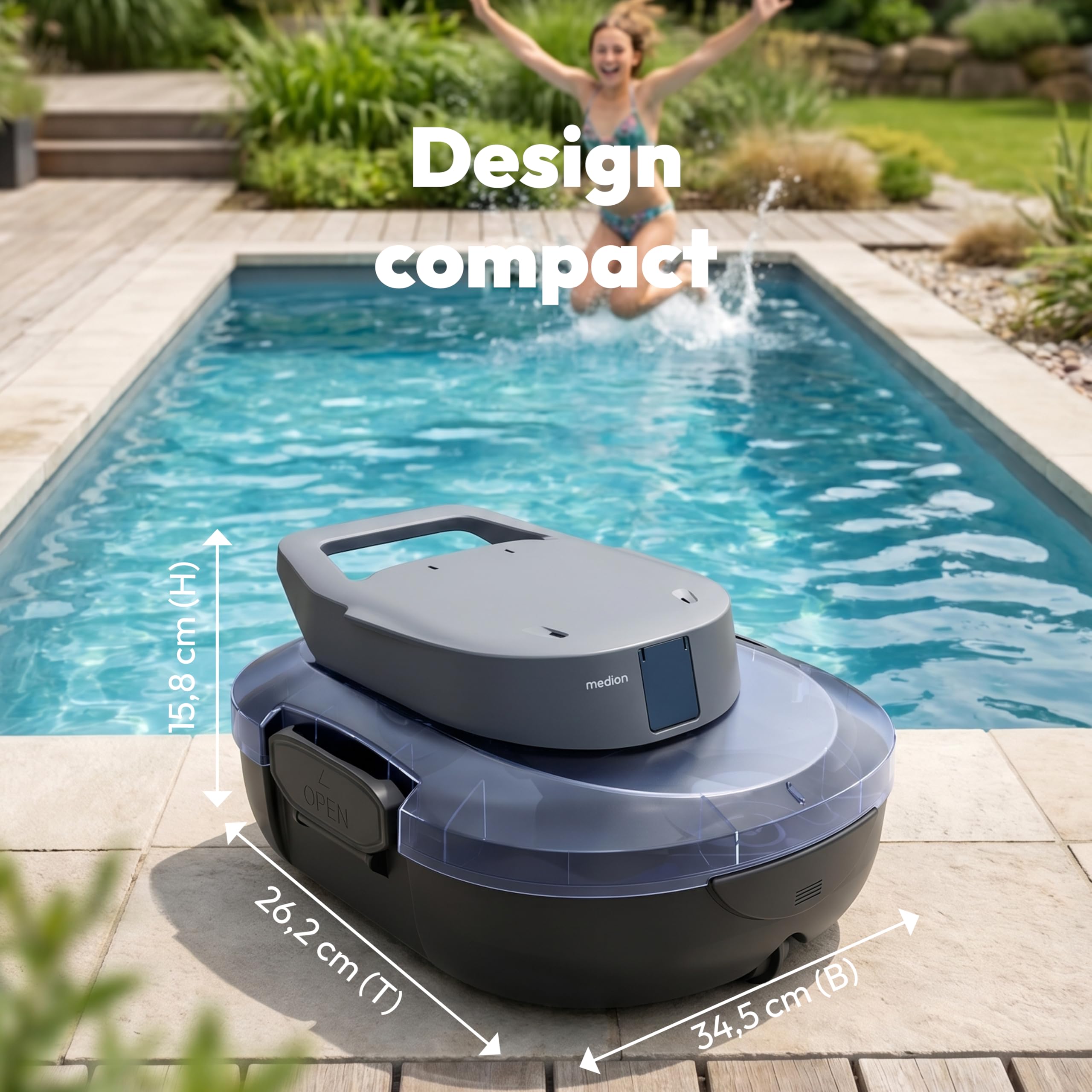 MEDION PR1 Robot de Piscine sans Fil, pour Piscine Hors-Sol, Nettoyage du Fond, Commande One-Click, Fonction autonettoyante, 120 Min autonomie, Filtre 2,2 L, pour 80–100 m², INCL. Chargeur et Crochet