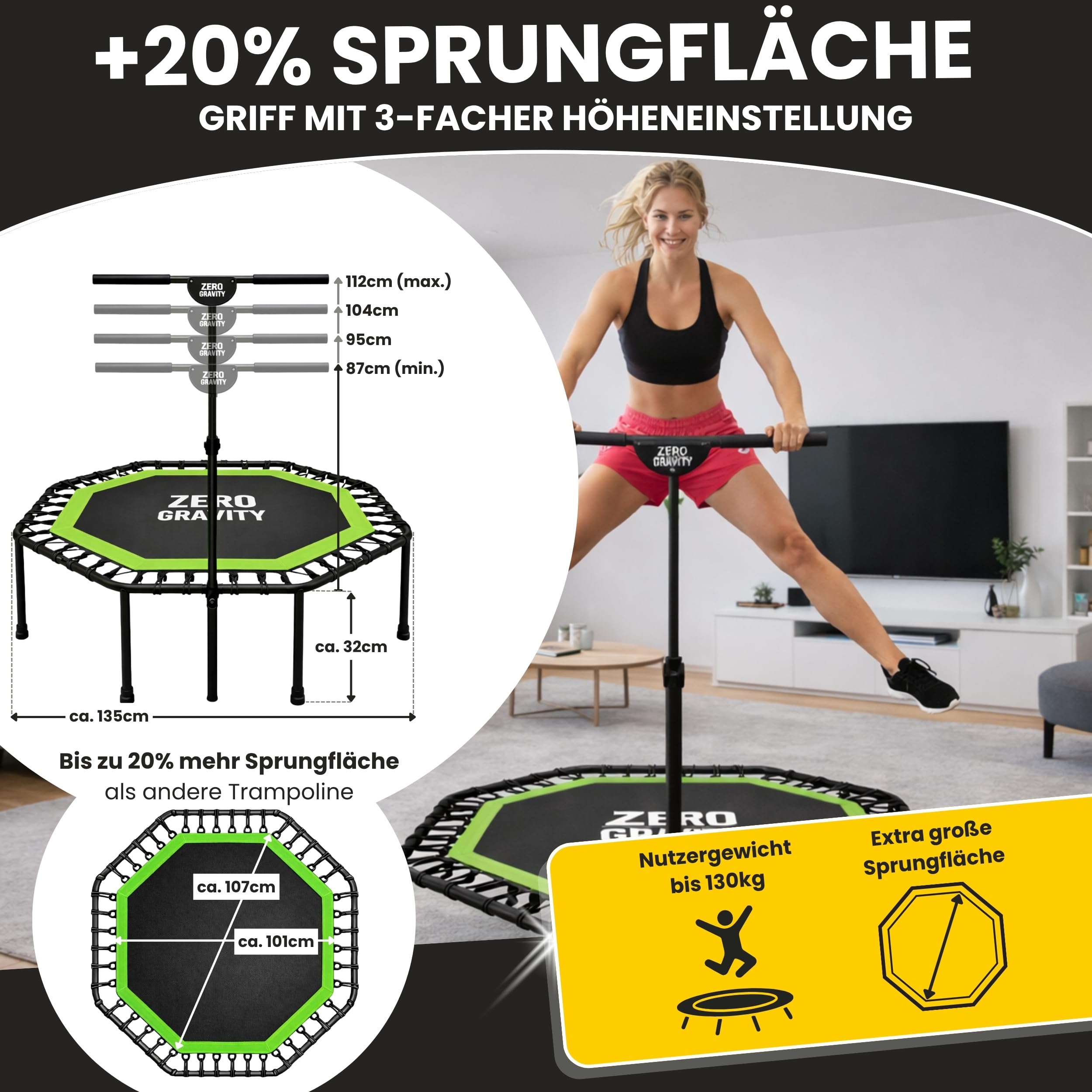 Zero Gravity Fitness Trampolin für Zuhause • Extra große Sprungfläche ideal für Jumping Fitness •Stabiles achteckiges Indoor Trampolin mit Haltegriff • Hochwertige Bungeeseilfederung • Bis 130 kg
