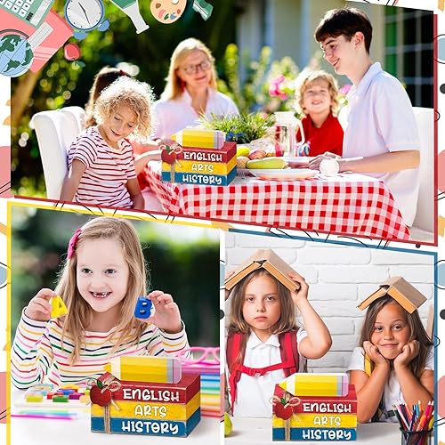 Miniatura 5 de 4 piezas de decoración de mesa de regreso a clases, decoración de bandeja escalonada para el primer día de escuela, mini libros de madera, letreros