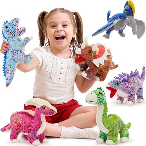 MaoGoLan 6 Piezas Animales de Peluche a Granel Peluches de Dinosaurios con Lentejuelas, 12'' Dinosaurio de Peluche T-Rex Azul Juguetes de