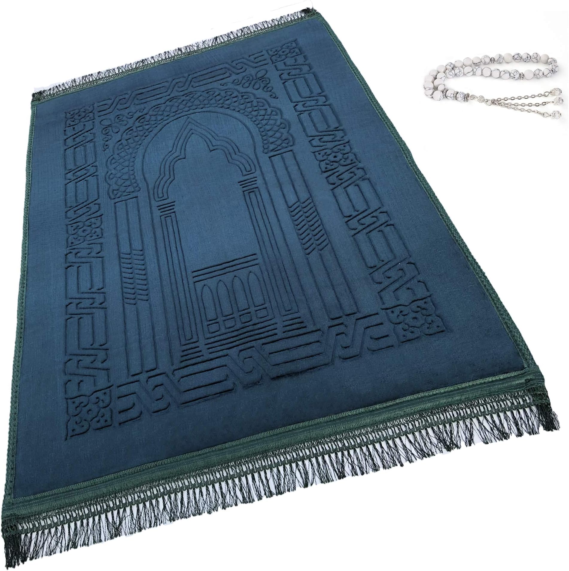 Islamika Prayer Rug Muslim Mat Islamic - Thick Large Padded Sajadah for Kids Men Women with Islam Prayer Beads for Eid Travel Ramadan, Soft Luxury Great for Knees and Forehead(Green)