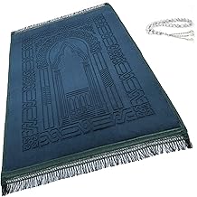 Prayer Rug Muslim Mat Islamic - Thick Large Padded Sajadah for Kids Men Women with Islam Prayer Beads for Eid Travel Ramadan, Soft Luxury Great for Knees and Forehead(Green)