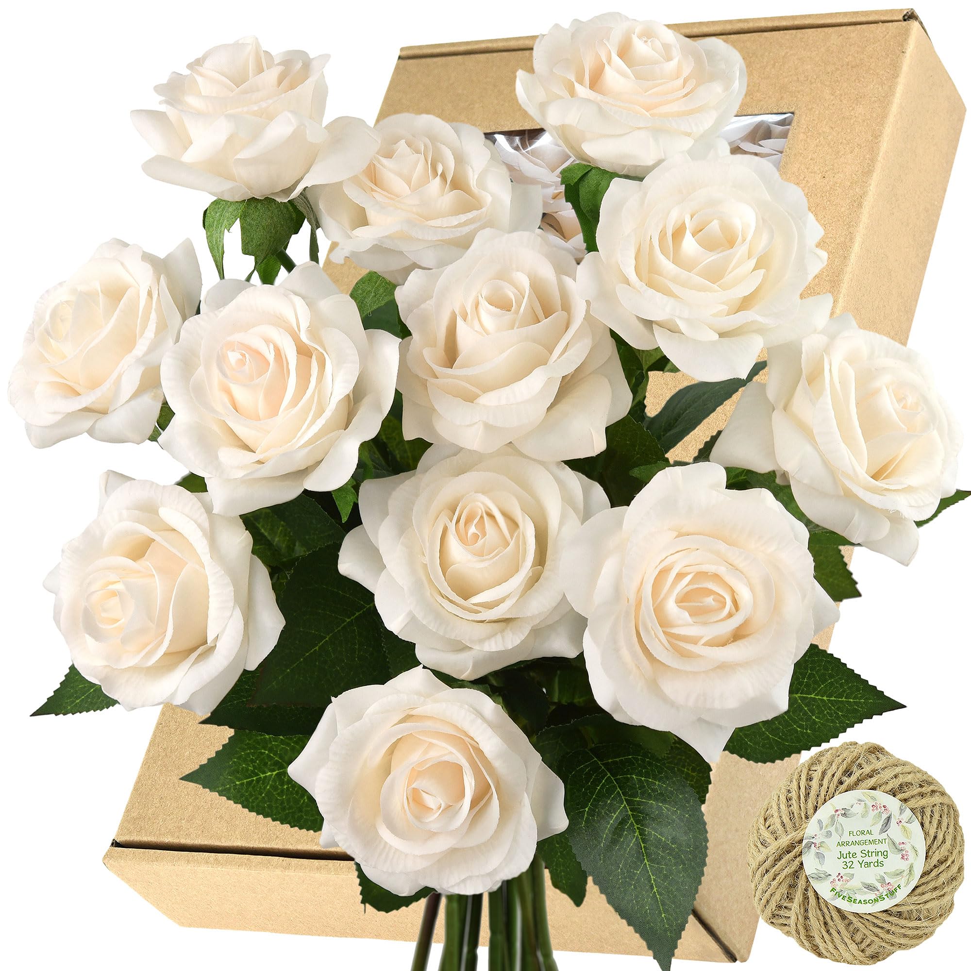 FiveSeasonStuff Light Champagne Artificial Roses Real Touch Silk Flowers with 12 Stems Wedding Bridal Bouquet Home Décor