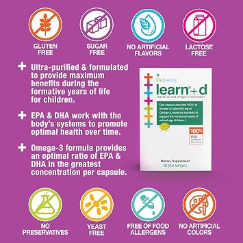 Lifetrients Learn+D Vitamin D3 & Omega-3 Formulation 30 Mini Softgels Children's Bone Health, Immune Support & Brain Nutrition