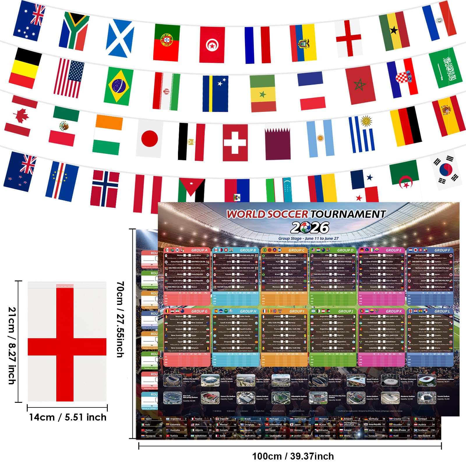 AhfuLife 2 Pcs World Cup Schedule Poster 2026 & 48 Countries String Flag Banner Set for Party Decorations, 23.3" x 16.5" World Cup Match 2026 Calendar and Fabric String Flags for Fans Home Bar Decor - 3