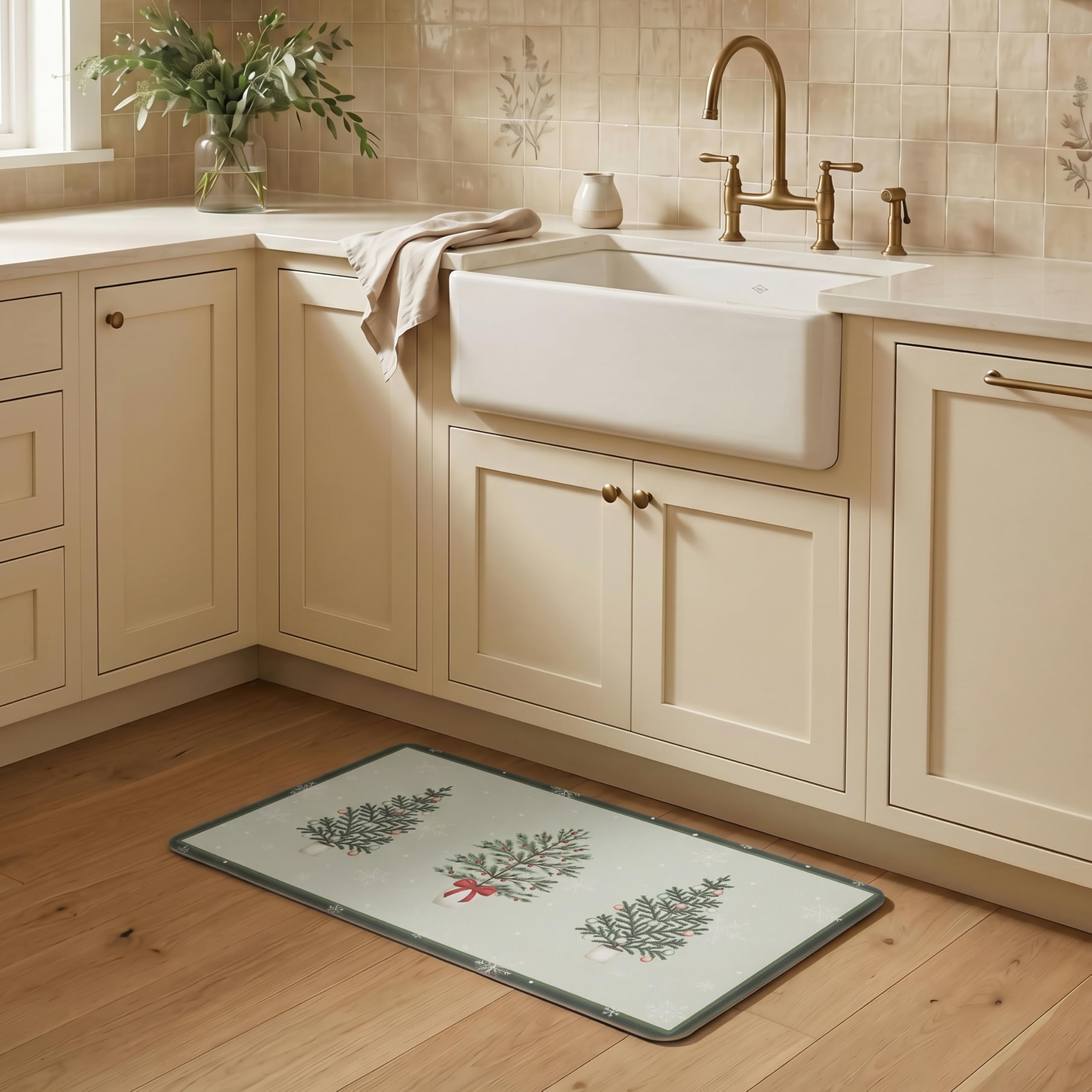 Laura Ashley Chritmas Hollybrook Anti Fatigue Kitchen Mat, Non Slip Cushioned Comfort Floor Mat, 17.5"x32", Green