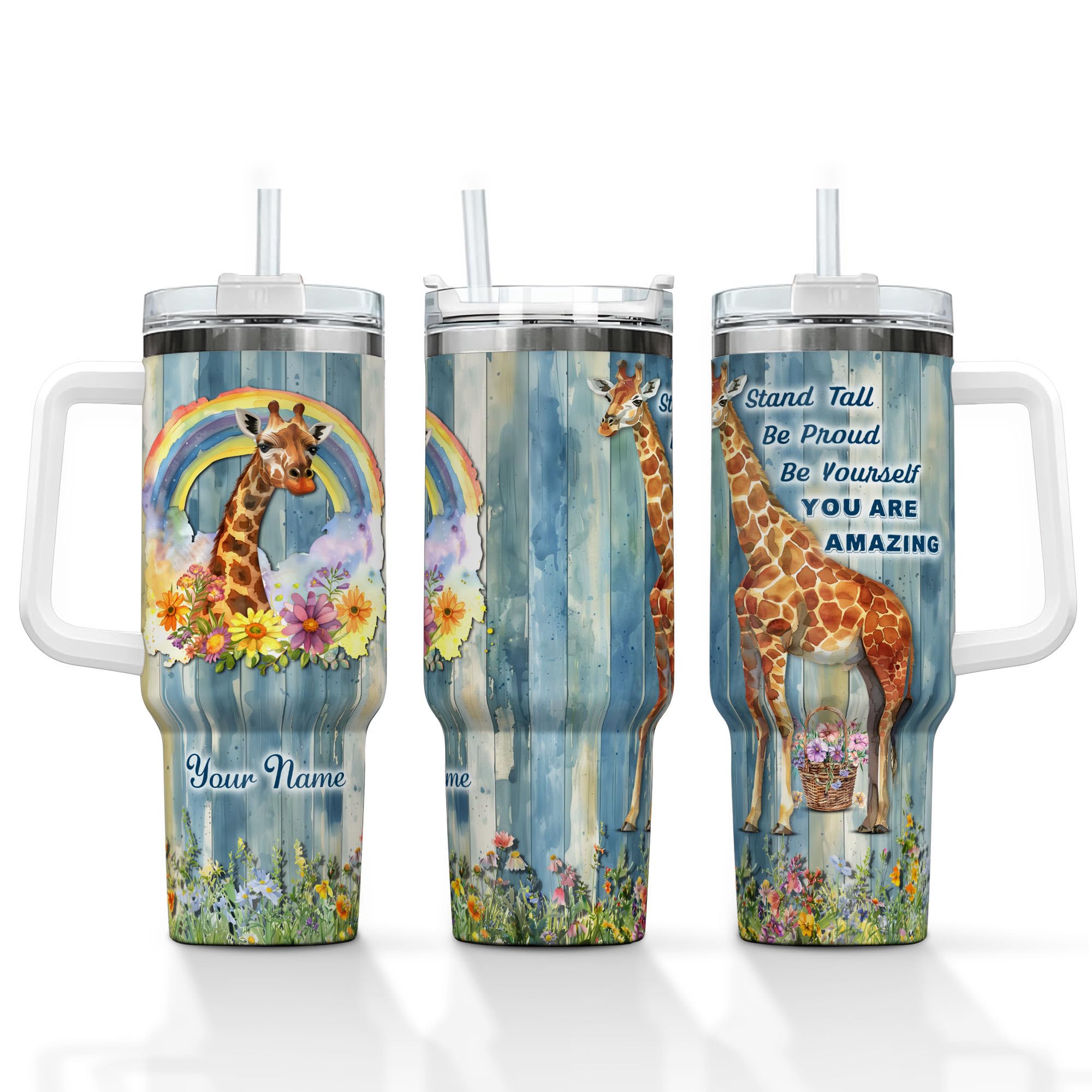 Personalized Giraffe 40oz Tumbler with Handle and Straw, Stainless Steel Insulated Cup, Birthday Christmas Gifts, Cute Animal Tumblers, Gifts For Giraffe Lovers