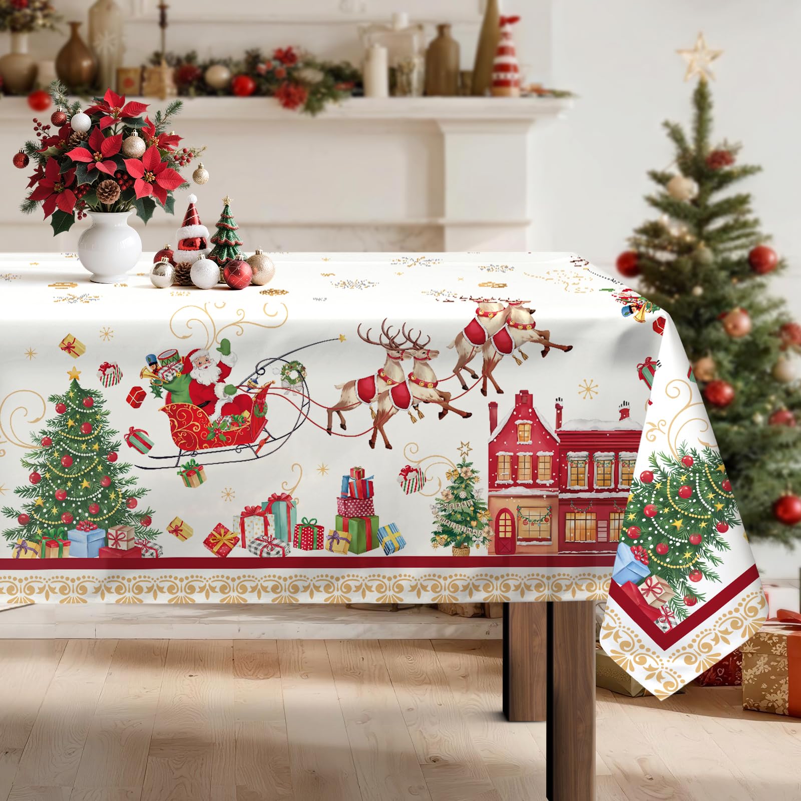 Arquiel Christmas Santa Tablecloth Waterproof, Seasonal Table Cloth Rectangle, Washable Table Cover for Christmas Party Home Kitchen Decoration (60×84 Inch)
