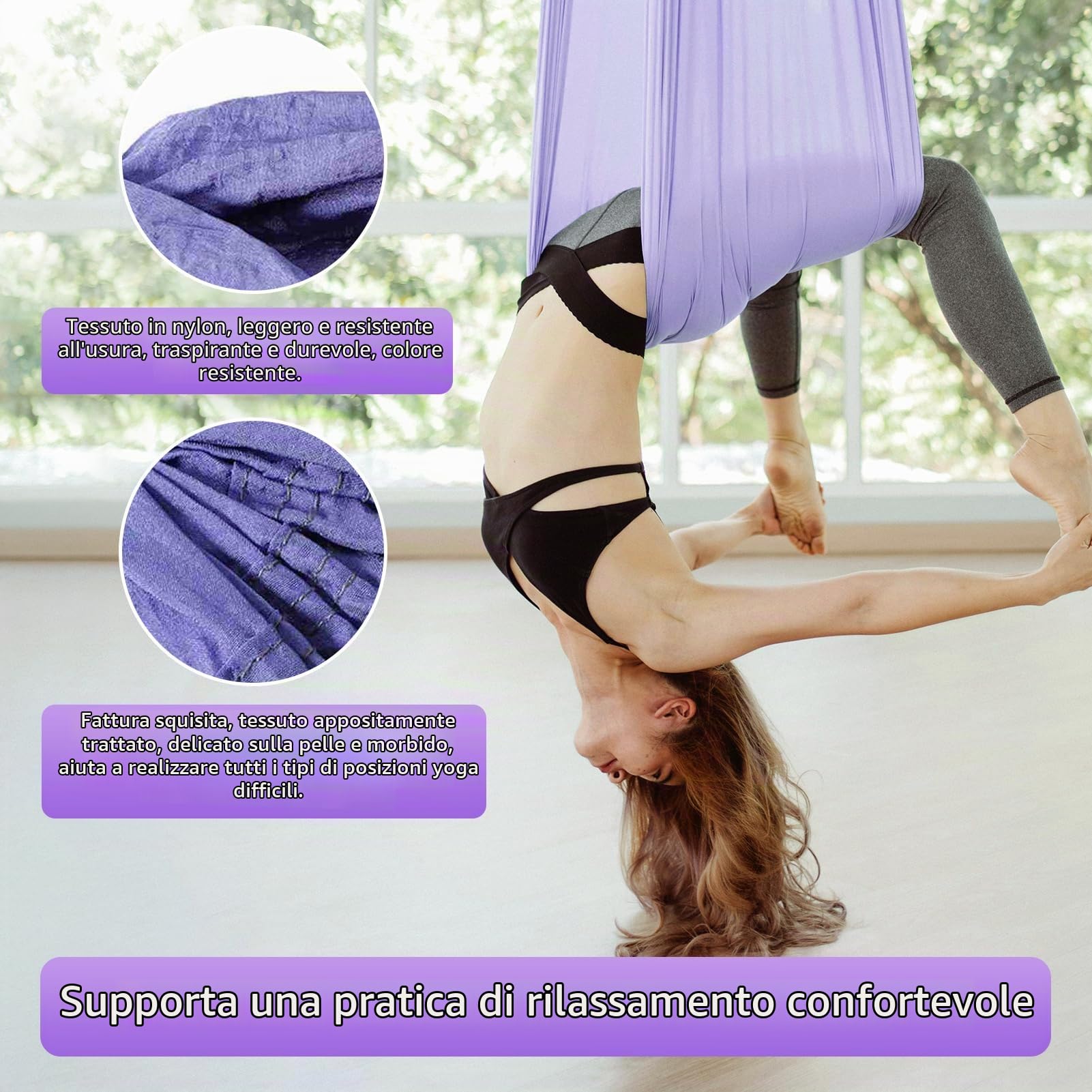 Amaca Aerea Per Yoga, Pilates, Fascia Elastica, Aerea Yoga, Fitness, Impugnatura Sospesa, Inversione, Altalena, Imbracatura Per Studi di Yoga a Casa(Viola)