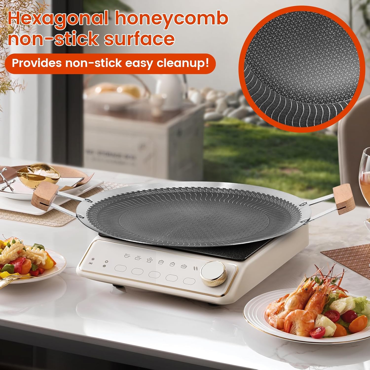 Korean Style BBQ Grill Pan Non Stick Portable Stainless Steel Grill Pan with Handle Versatile Round BBQ Griddle for Outdoor Grilling(13.4inch,Silver black)