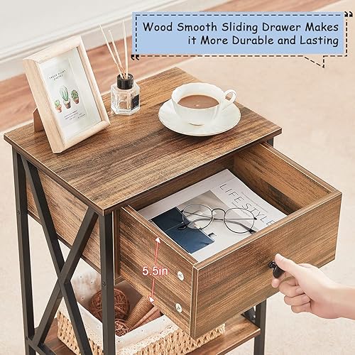 Miniatura 6 de VECELO Mesas auxiliares, mesita de noche moderna con cajón y estante, mesita de noche para dormitorio, sala de estar, marco de metal industrial