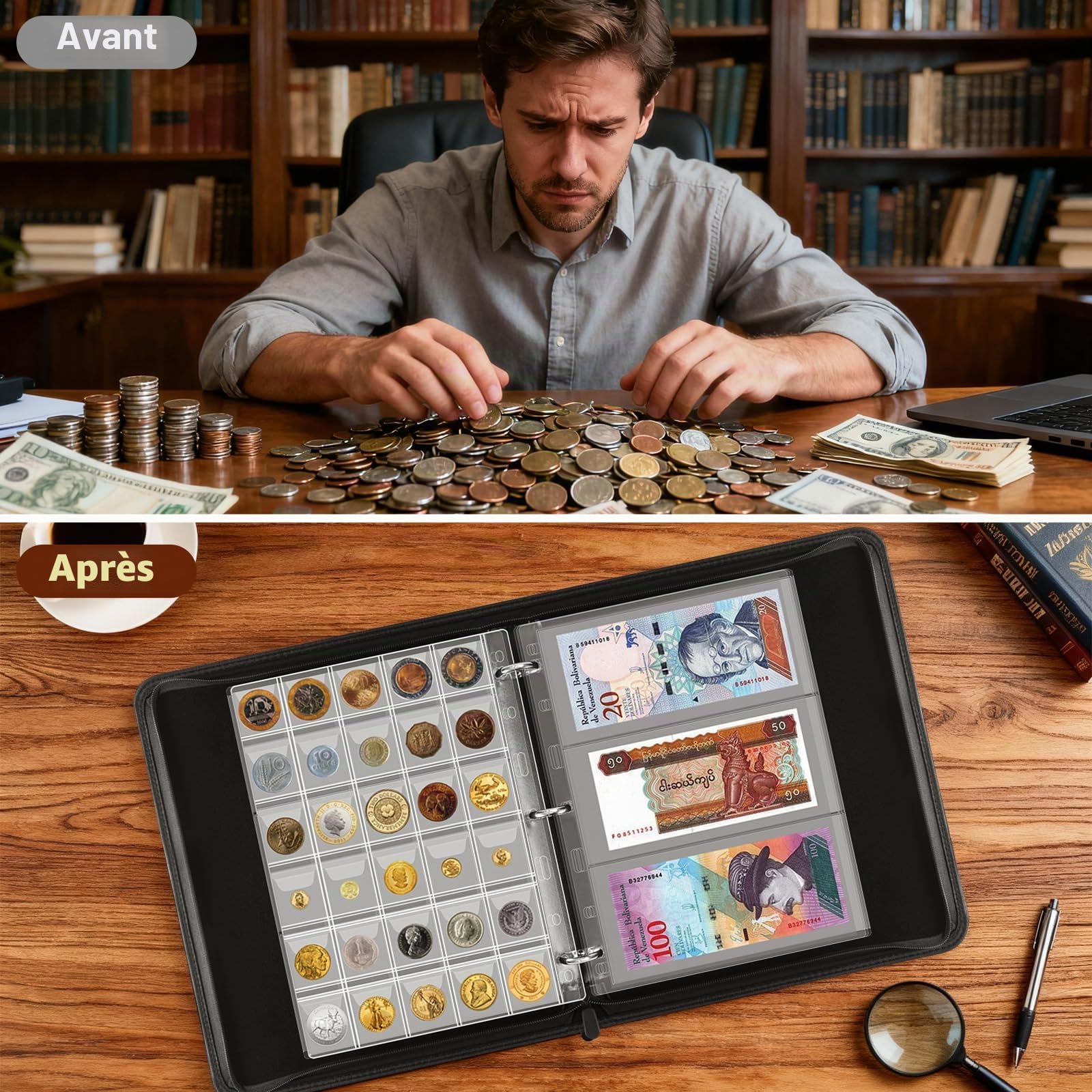 JoyHood Album de pièces de monnaie pour collectionneurs de pièces, album de pièces pour 400 poches pour pièces de monnaie + 15 poches pour billets, porte-monnaie pour collections de pièces