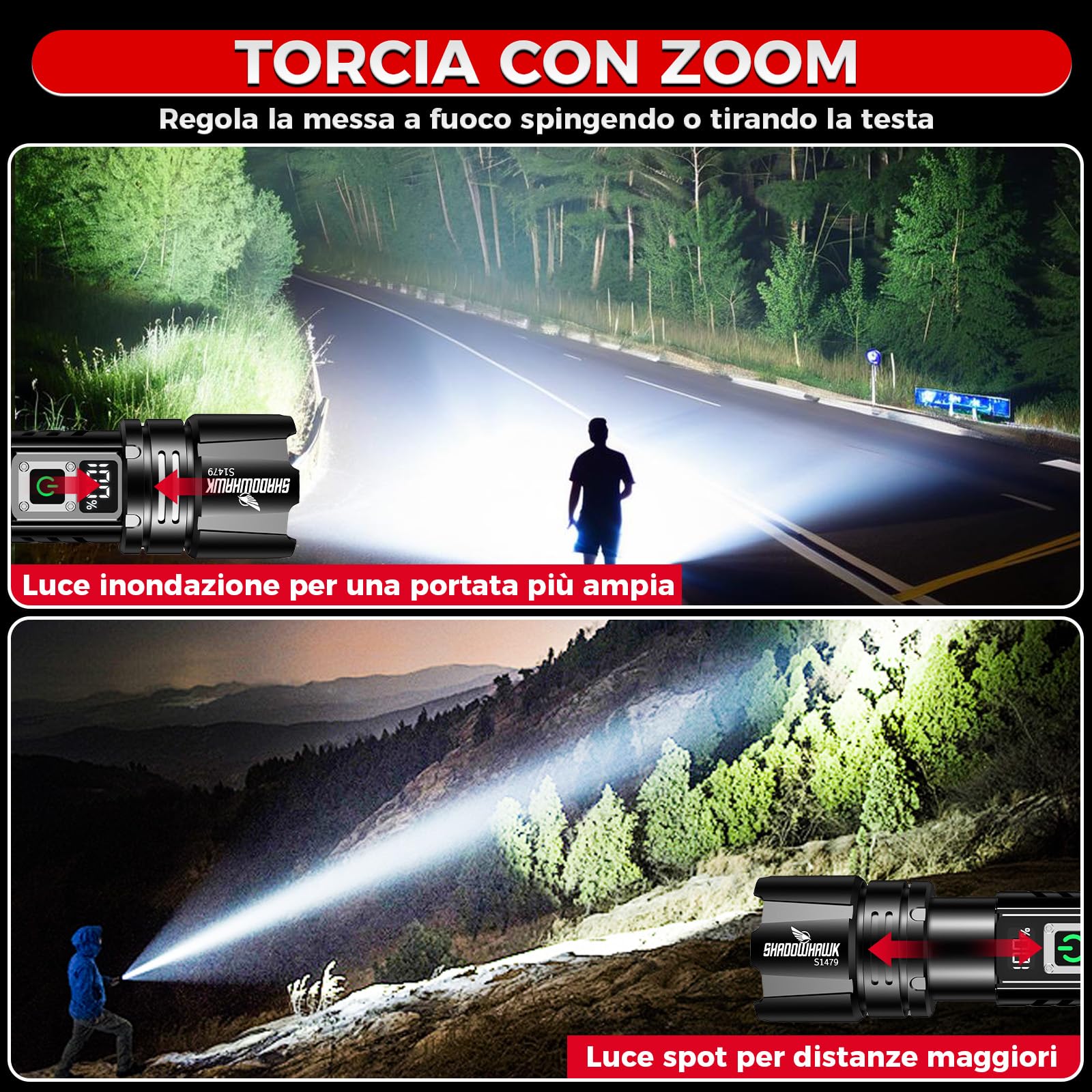 Shadowhawk Torcia LED Potente Professionale 24H Illuminazione Continua | Militare 1000000 Lumen Torcia Ricaricabile USB (2pcs 5000mah Batteria) per Trekking/Campeggio/Emergenze, Display LCD e IP67