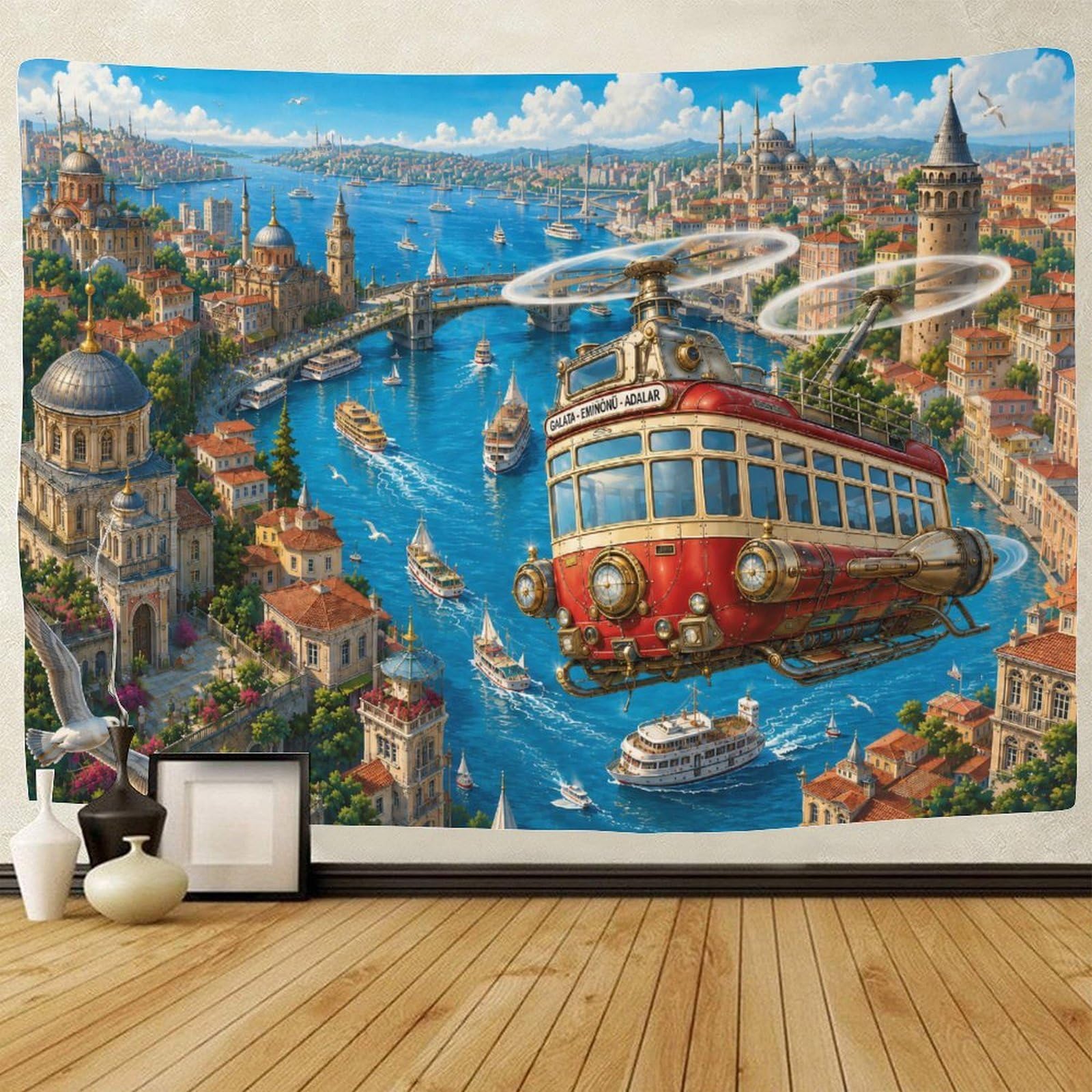 GPMNBCXZK Steampunk Flying Airship 3D Print Tapestry for Bedroom Wall Art Decor Tapestries Poster Home Decoration Living Room Dorm 150cmx200cm