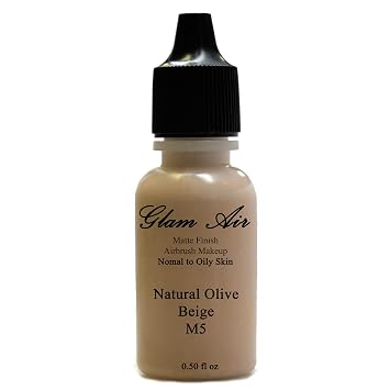 Large Bottle Airbrush Makeup Foundation Matte Finish M5 Natural Olive Beige Water-based Makeup Long Lasting All Day Without Smearing Running, Fading or Caking 0.50 Oz Bottle By Glam Air