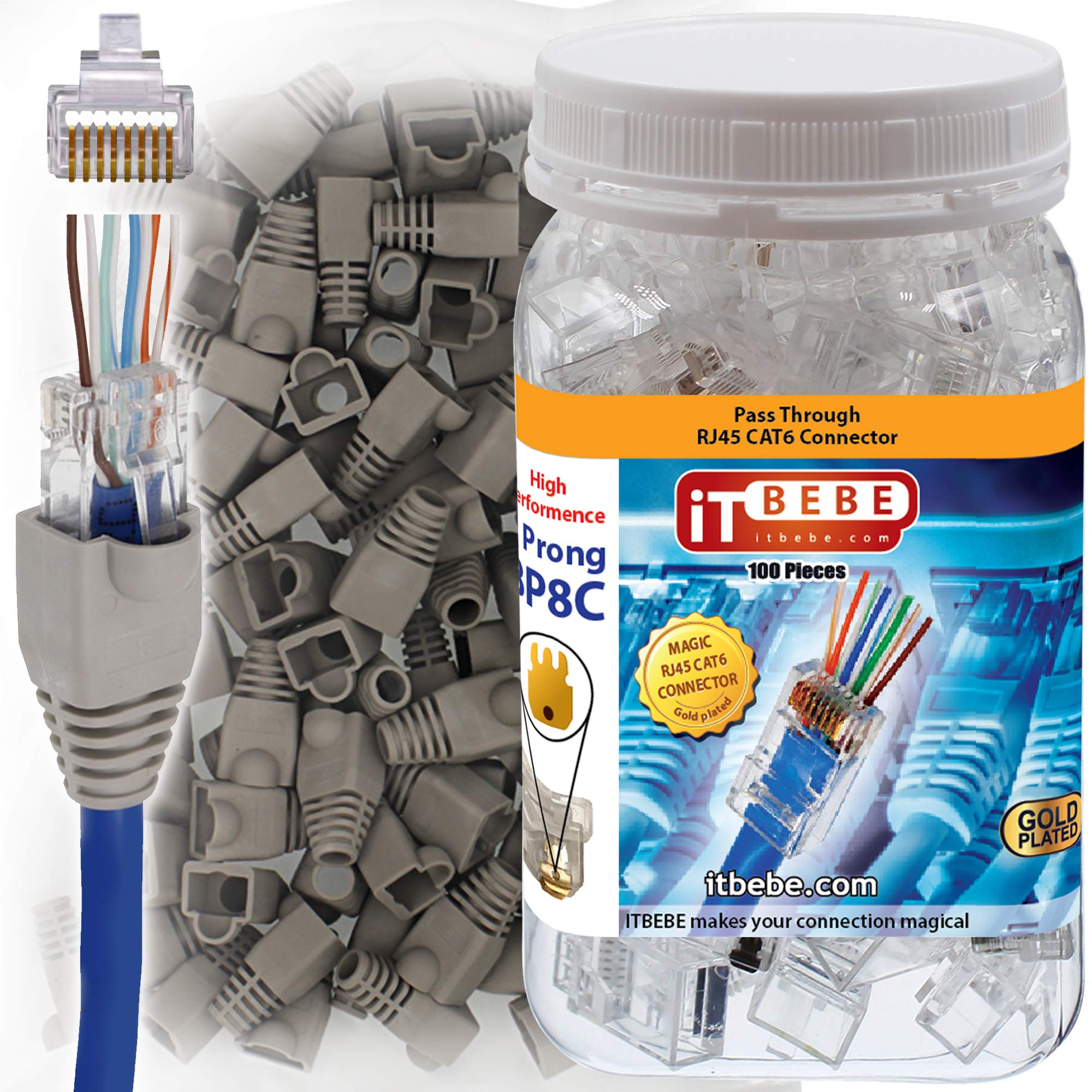 ITBEBE 100-Pack Cat6 Pass Through RJ45 Connectors and 100-Pack Grey Strain Relief Boots