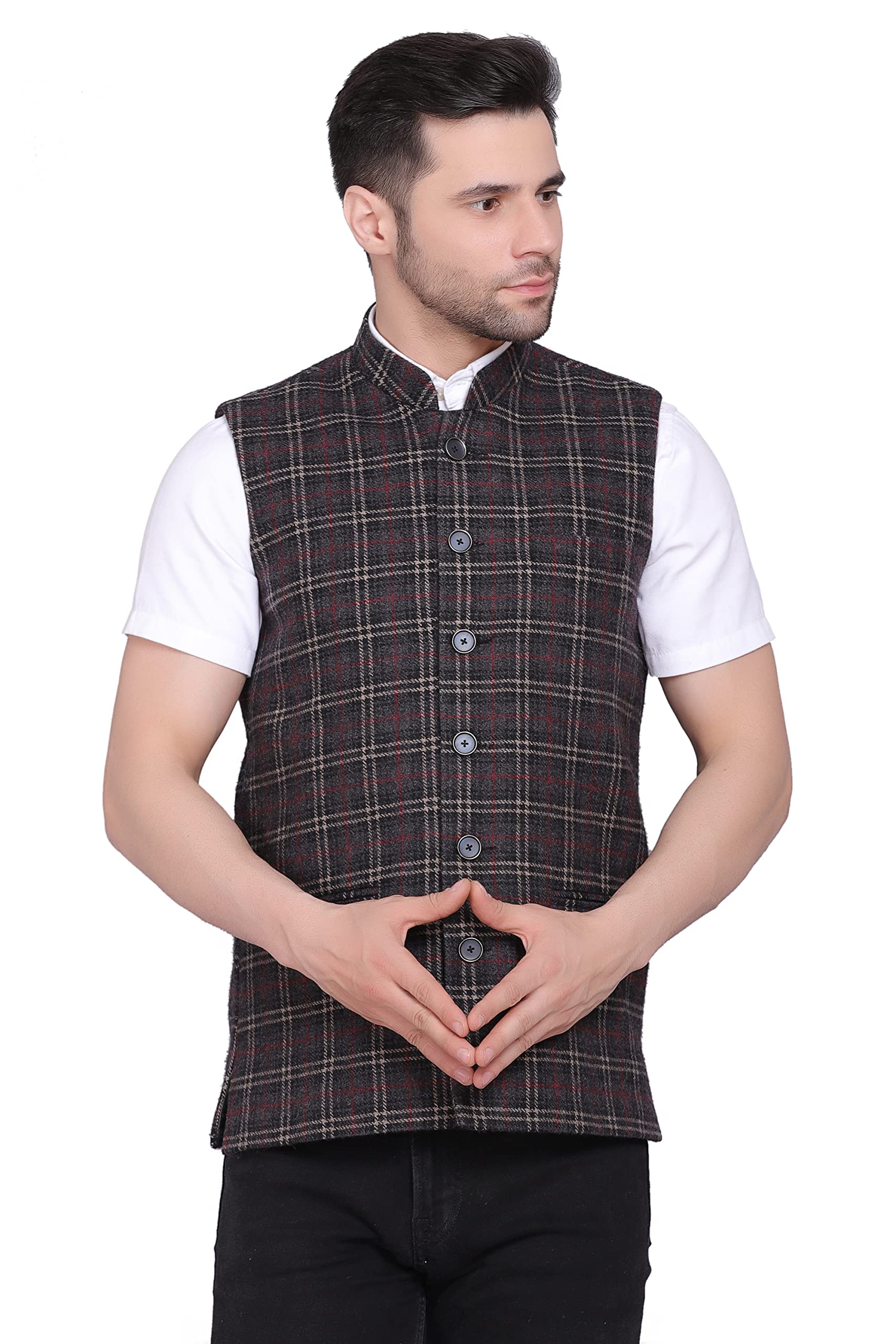 clothink india Men's Tweed Bandhgala Wool Festive and Casual Nehru Jacket Vest Waistcoat-picture-19