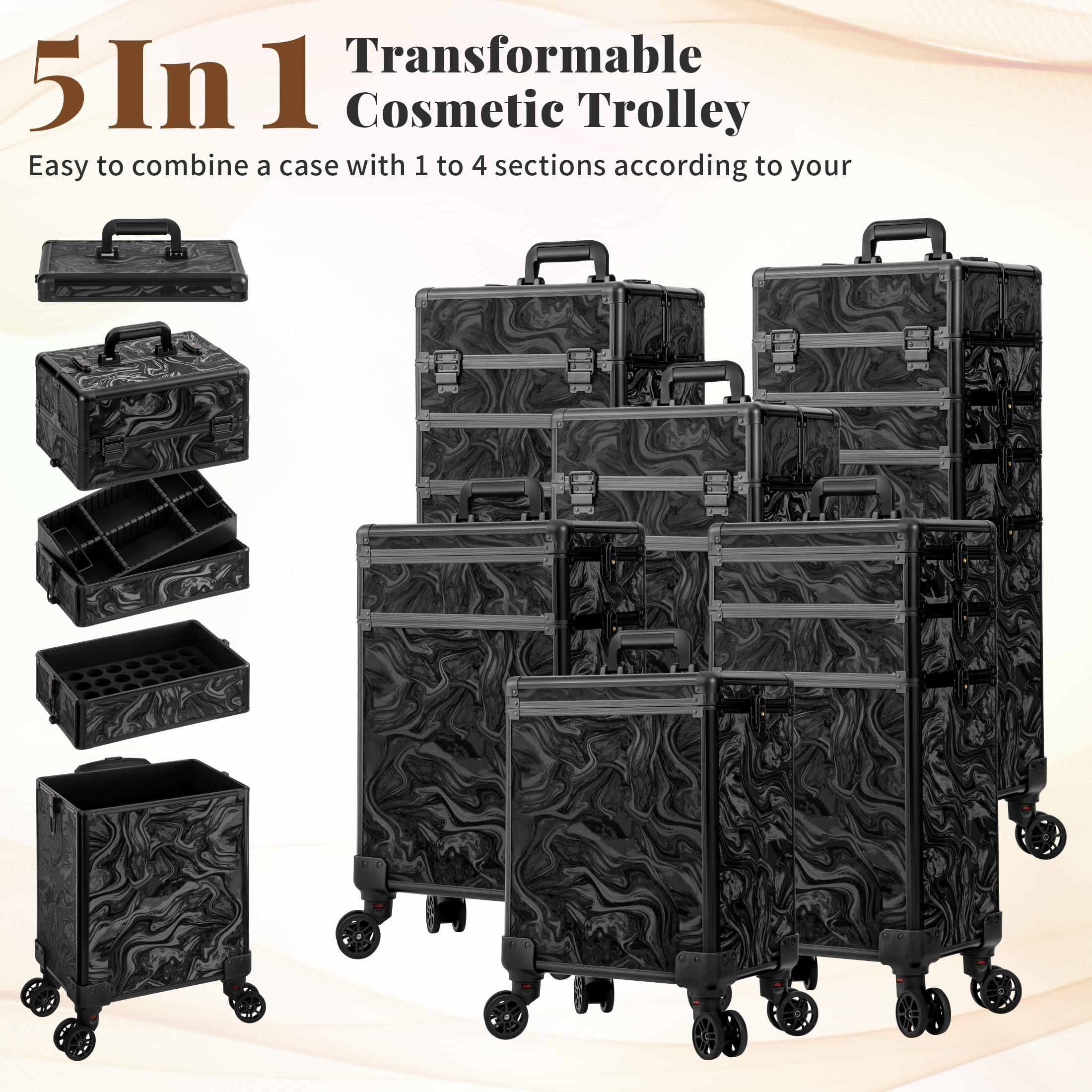 Arous Rolling Makeup Train Case 5 w 1 organizer na wózek kosmetyczny podróżny zamykany salon fryzjer wózek bagażnik z kółkami dla kobiet stylistki fryzur artysty Trave Nail, Czarny atrament, 5 w 1