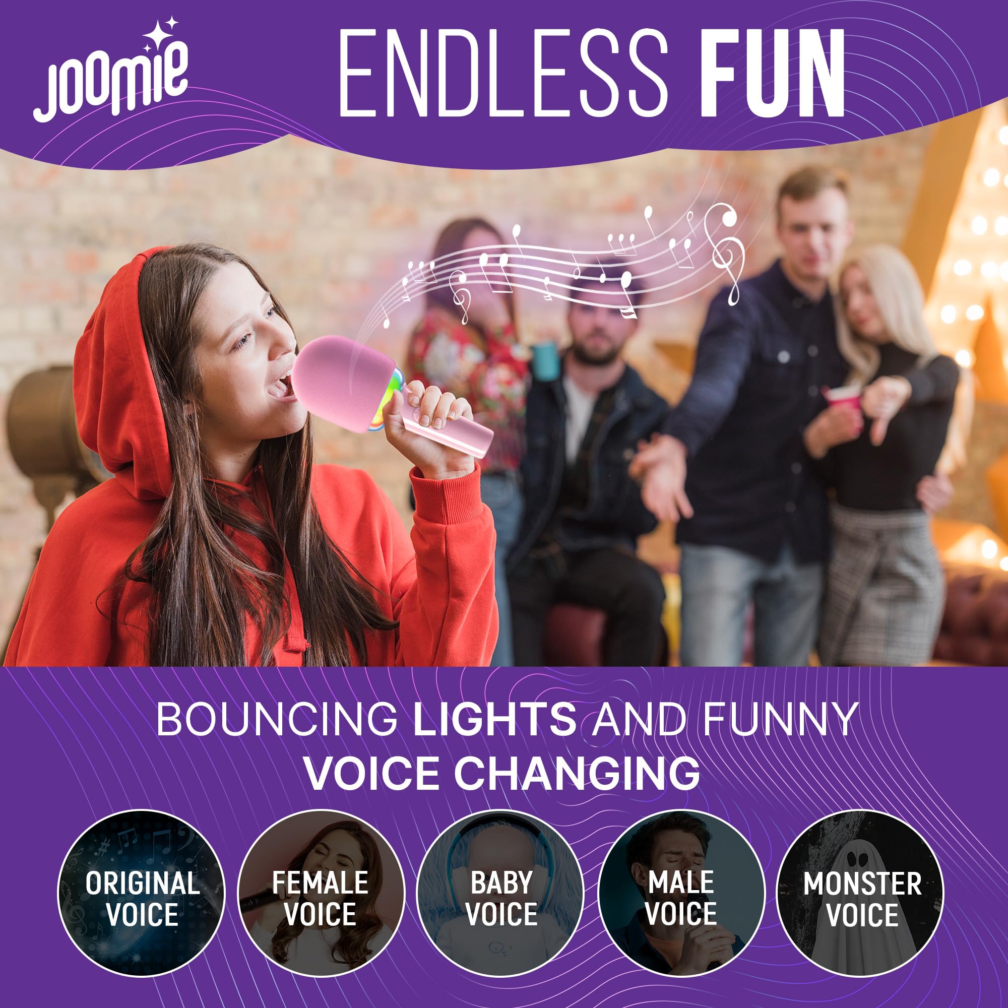 Joomie - Micrófono de karaoke inalámbrico para niños, divertido juguete musical con parabrisas rosa, diseño seguro, controles fáciles y batería de larga duración para fiestas infantiles, citas de 3