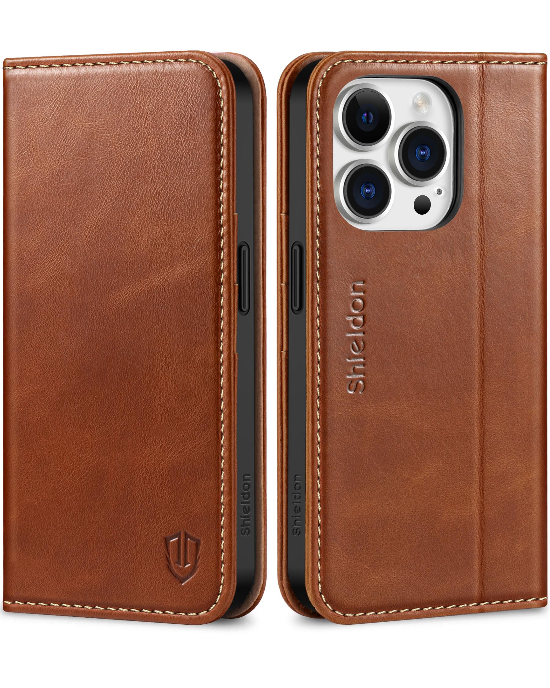 SHIELDON Case for iPhone 15 Pro 6.1", Genuine Leather iPhone 15 Pro Wallet Magnetic Cover, Kickstand, RFID Blocking Credit Card Holder, Shockproof Case Compatible with iPhone 15 Pro 5G - Retro Brown