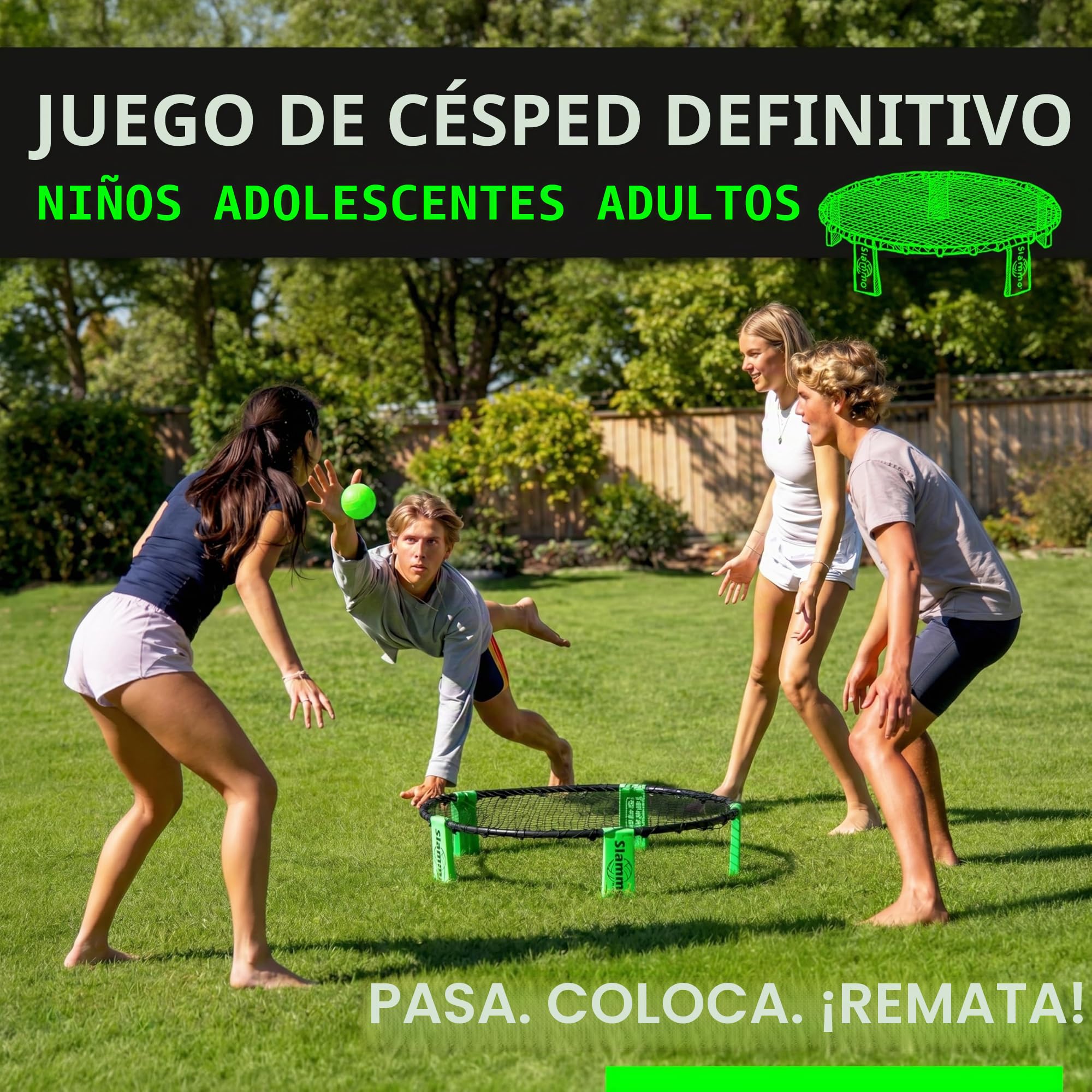 GoSports Slammo Game Set (Incluye 3 Pelotas, Funda de Transporte y Reglas, Idioma español no garantizado) - Juego de Red Redonda para césped al Aire Libre, Playa y portón Trasero