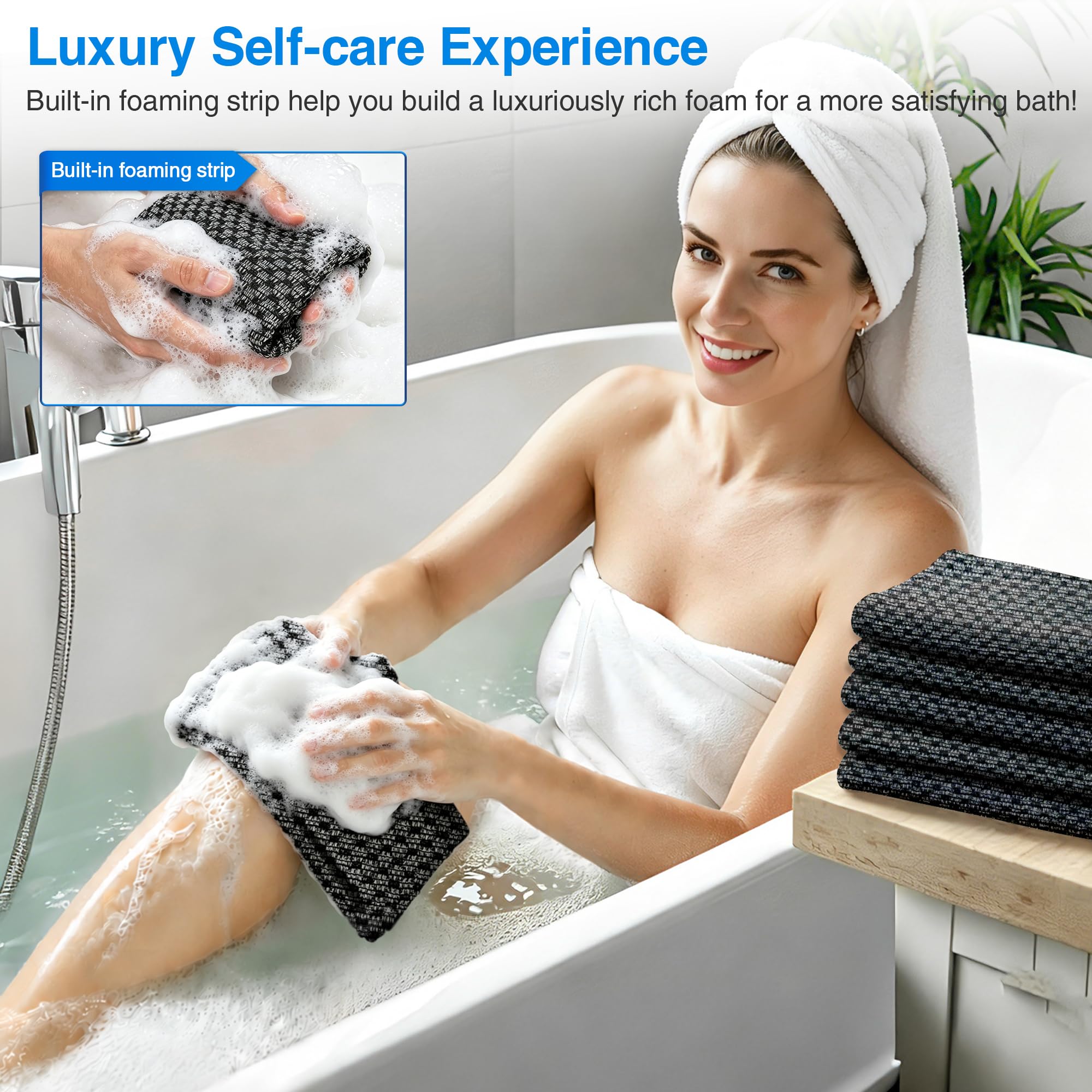Blissal Exfoliating Bath Towel, Silver Ion Body & Back Scrubber, Black
