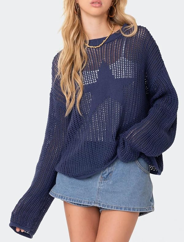 CORIRESHA Women's Fashion Star Boat Neck Long Sleeves Oversized Knit Sweaters Cover Up Dark Blue by CORIRESHA - Used condition - Image 3