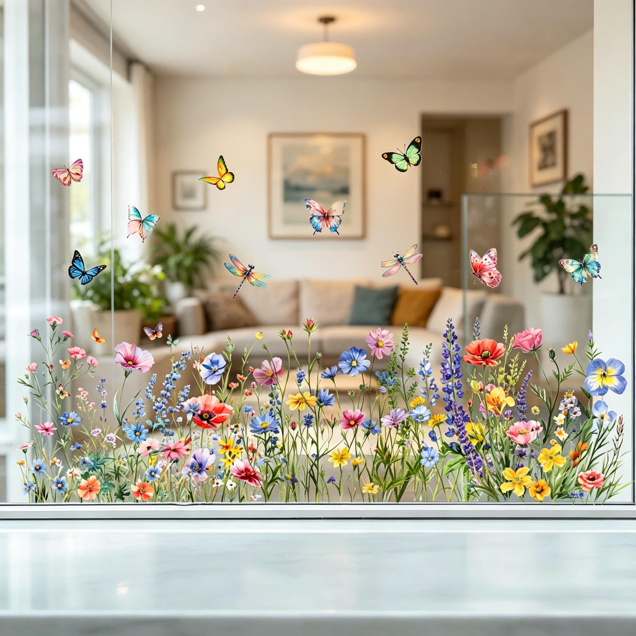 Large Flower Window Stickers 30x90cm - Static Cling Reusable Window Decals for Home Decor, Spring Floral Butterfly Stickers for Glass Doors & Windows (Set of 1)