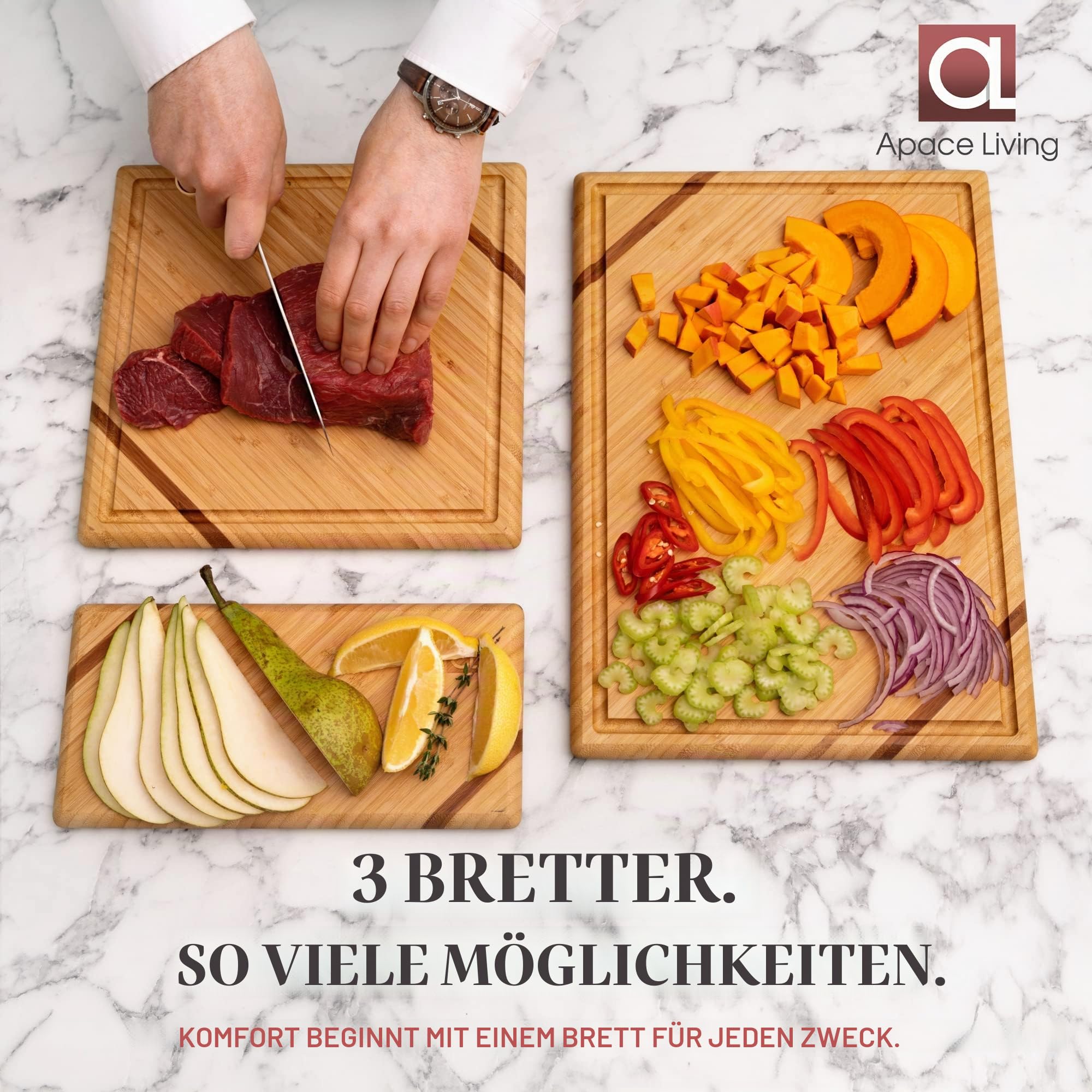 Chorus Schneidebrett Holz (3er Set) - Luxuriöses Bambus Holzbrett Küche, Tranchierbrett, Küchen Schneidbretter mit Saftrille für Fleisch, Gemüse, Käse (Premium Chic Bamboo)