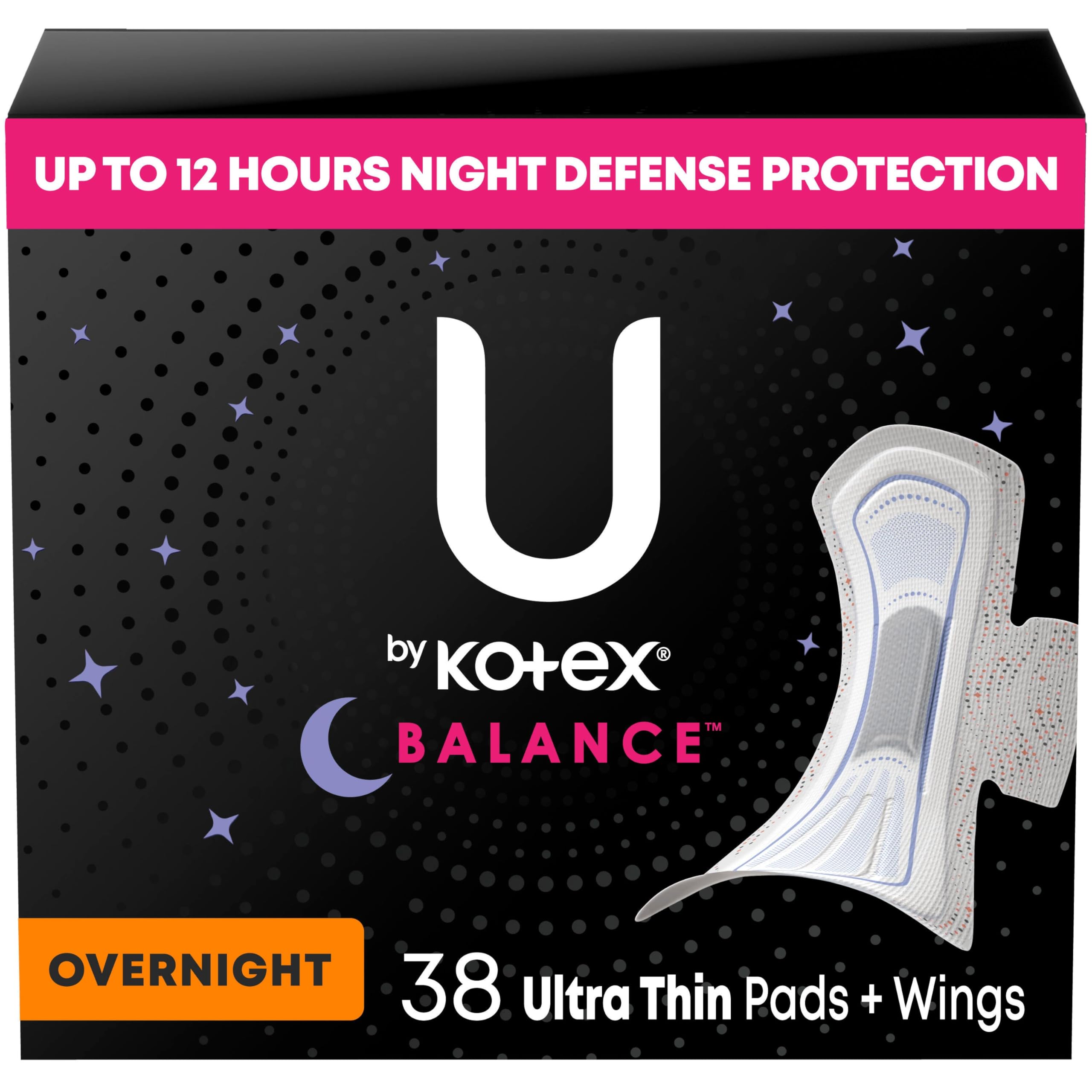 U by Kotex Balance Ultra Thin Pads with Wings Overnight Absorbency (Pack of 38)
