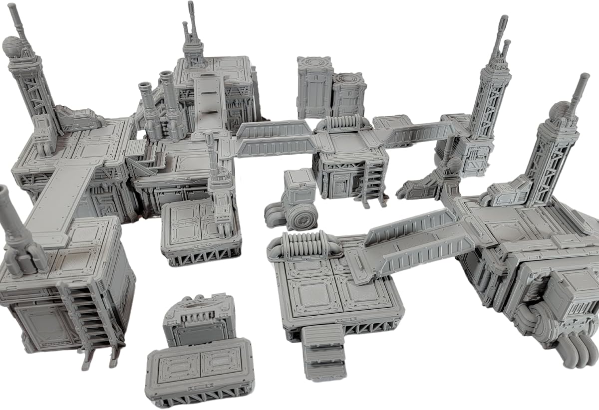 El conjunto de terreno industrial se adapta a 40k y Kill Team. Terreno disperso de mesa de Wargaming y escenario modular para juegos de 28 mm y 32 mm. Torres, Pasarelas, Escaleras, Escaleras, Antenas, Tuberías