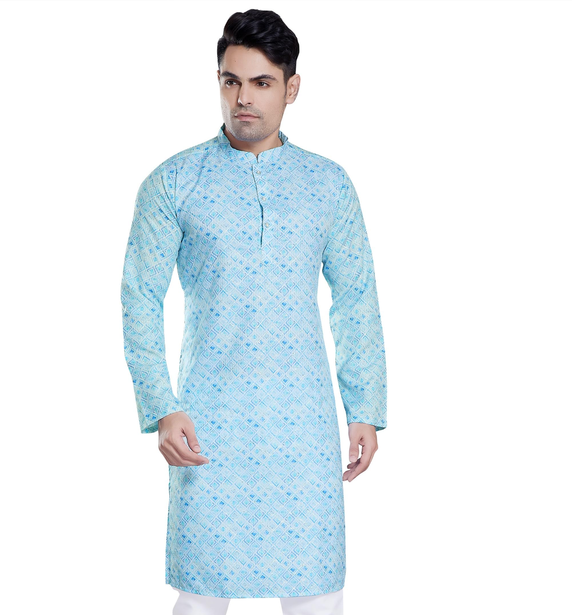 Divisive Men's Sequince Embroidered Printed Cotton Blend Only Slim Fit Kurta (Dkrt120_Xl_Blue)