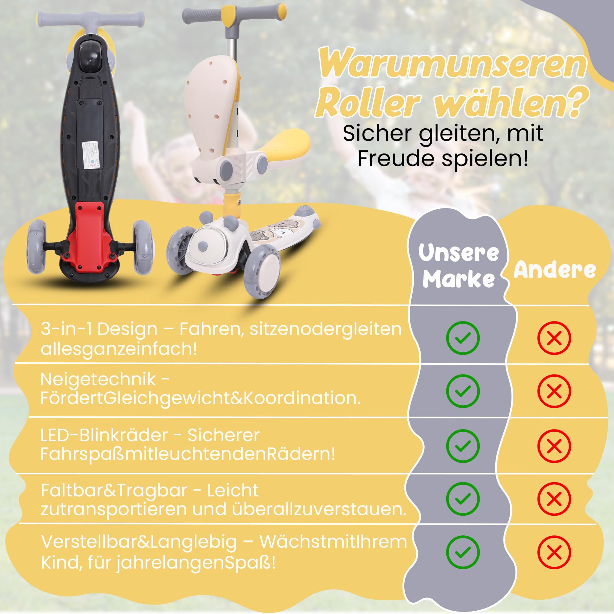 Habib Gruppe Patinete infantil 2 en 1 plegable con asiento, ruedas LED, ajustable y ligero (1-12 años), seguro y robusto