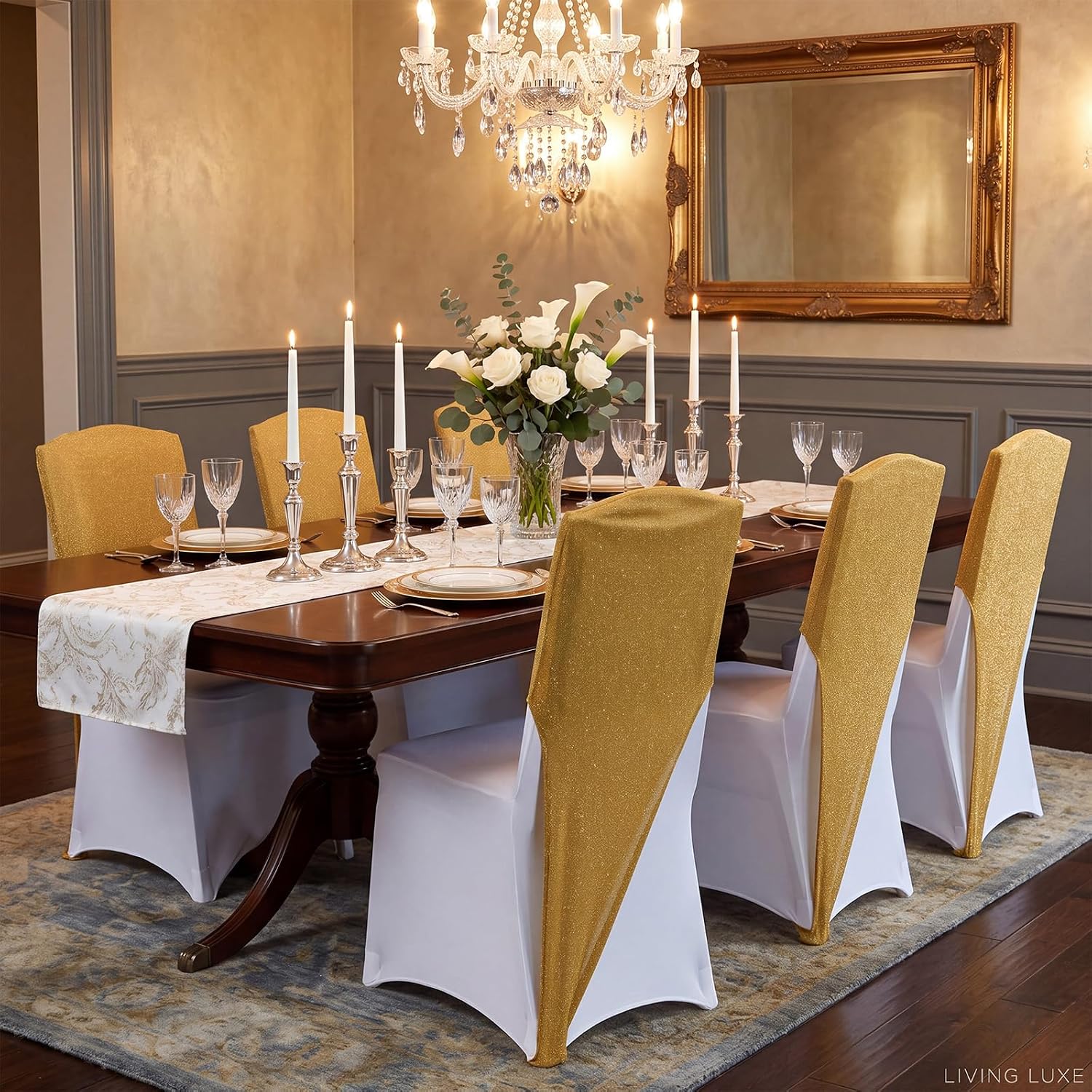 10 Pcs Chair Cap Covers Gold Glitter Spandex Chair Hood Sash