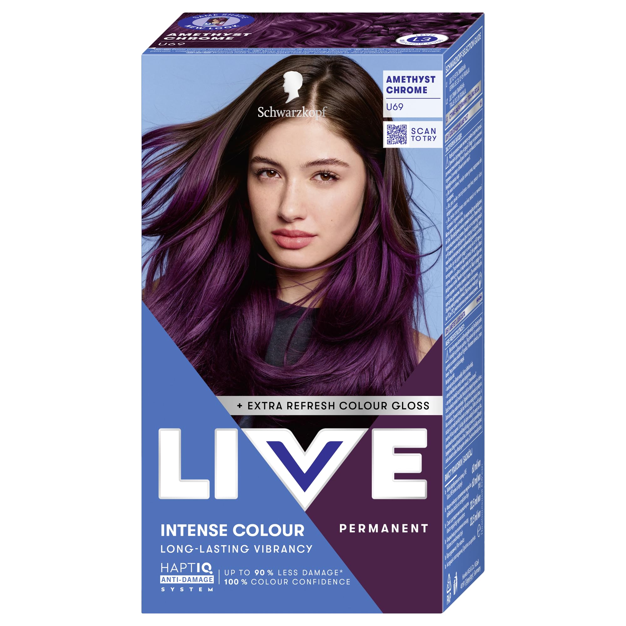 Schwarzkopf LIVE Urban Metallics Vibrant, Long Lasting, Permanent Purple Hair Dye, Infused with Coconut Oil for Shiny Hair - Amethyst Chrome U69