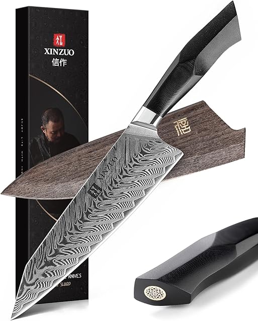 XINZUO Damascus Steel Chef Knife, 21.5cm Kiritsuke Kitchen Knife Professional Forged Gyuto Cooking Knife, Military Grade G10 Handle with Magnetic Sheath -Feng Series