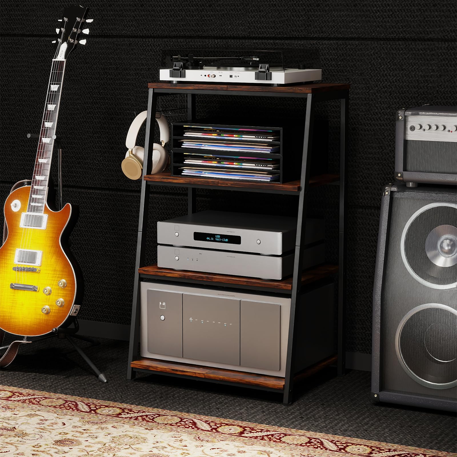 bimiti Meuble HiFi Bois à 4 Etagères Support pour Platine Vinyle avec Crochet pour Casque Audio,Platine Vinyle,Tourne Disque,TV Stéréo,Lecteur DVD Étagère Multimédia en Bois pour la Maison, Bureau