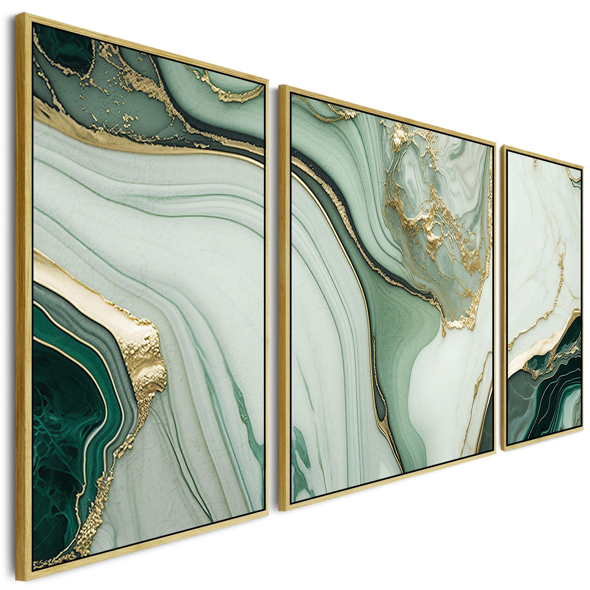 Wallfillers Green Gold Extra Large Abstract Framed Canvas Wall Art - Set Of 3 Pictures