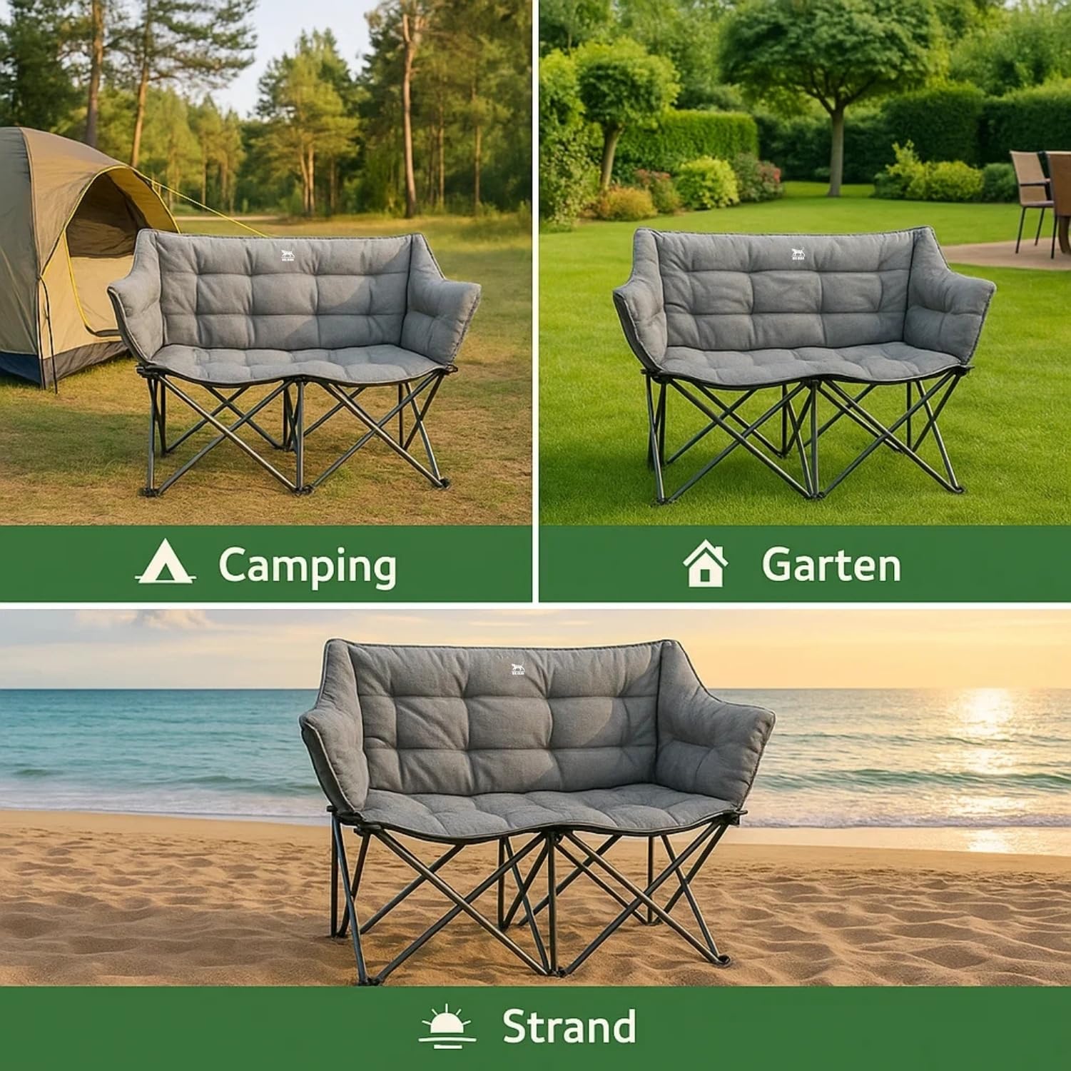 BigDean Campingstuhl faltbar 2 Personen bis 300kg gepolstert Camping Sofa | faltbar, Seitentasche, hochwertiges Campingsofa inkl. Tragetasche
