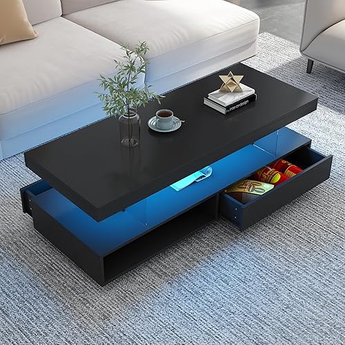 Mesa de centro moderna LED con mesa de centro LED de almacenamiento, mesa auxiliar de cóctel con superficie de alto brillo y estantes de exhibición,