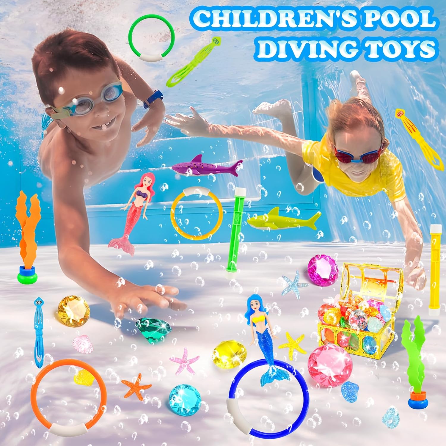 Rileryan 36 PCS Diving Pool Set Diving Rings and Sticks Pirate Treasure Chest Gems Mermaid Underwater Dive Swimming Pool with Storage Bag Summer Swim Water Sinking