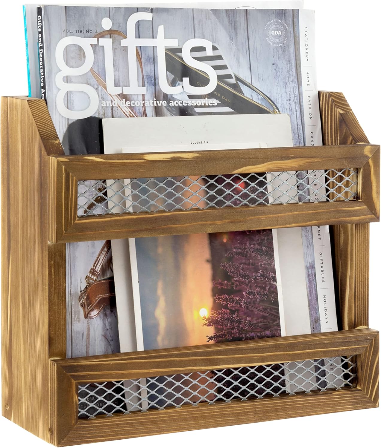 MyGift Rustic Burnt Solid Wood Magazine Holder with Decorative Chicken Wire Rail, Wall Mountable Storage Organizer Rack for Upright Display of Magazines 9.6*3.7*8.7inch
