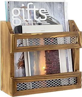 MyGift Rustic Burnt Solid Wood Magazine Holder with Decorative Chicken Wire Rail, Wall Mountable Storage Organizer Rack for Upright Display of Magazines